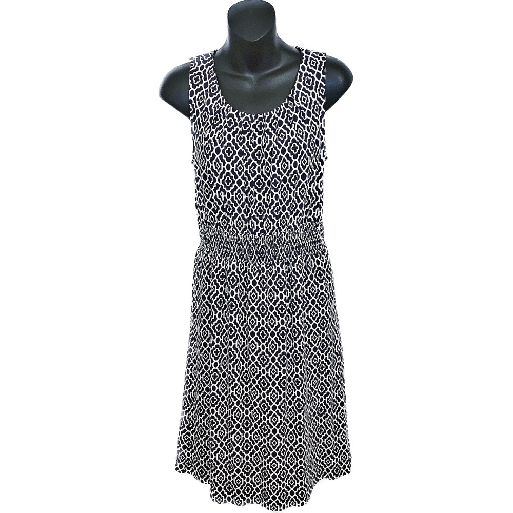 LL Bean Geometric Print Sleeveless Tank Dress Pleated Neck Smocked Waist Small S
